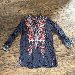 Johnny Was - Black Heavily Embroidered Boho Top Blouse Tunic Sz L
